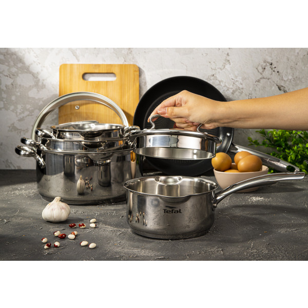 Фото - Набір посуду Tefal G732SA55 Duetto+ 10 пр. со сковородой (кастр. 6,0/5,0/2,5/1,5 л., ковш 1,5 л б/кр, сковорода 26 см)