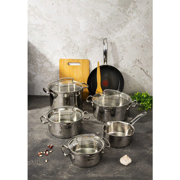 Фото - Набір посуду Tefal G732SA55 Duetto+ 10 пр. со сковородой (кастр. 6,0/5,0/2,5/1,5 л., ковш 1,5 л б/кр, сковорода 26 см)