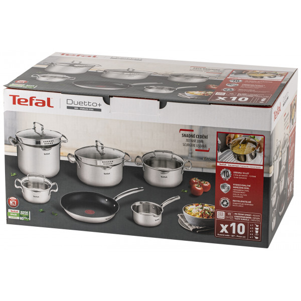 Фото - Набір посуду Tefal G732SA55 Duetto+ 10 пр. со сковородой (кастр. 6,0/5,0/2,5/1,5 л., ковш 1,5 л б/кр, сковорода 26 см)