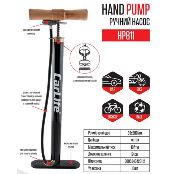 Фото - Насос ручний CarLife 38х500 мм (HP811)