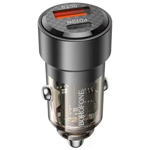 Фото - Автомобільний зарядний пристрій BOROFONE BZ20 Smart 38W dual port PD20W+QC3.0 car charger Transparent Black (6941991101564)