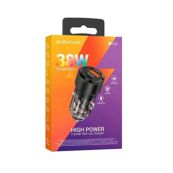 Фото - Автомобільний зарядний пристрій BOROFONE BZ20 Smart 38W dual port PD20W+QC3.0 car charger Transparent Black (6941991101564)