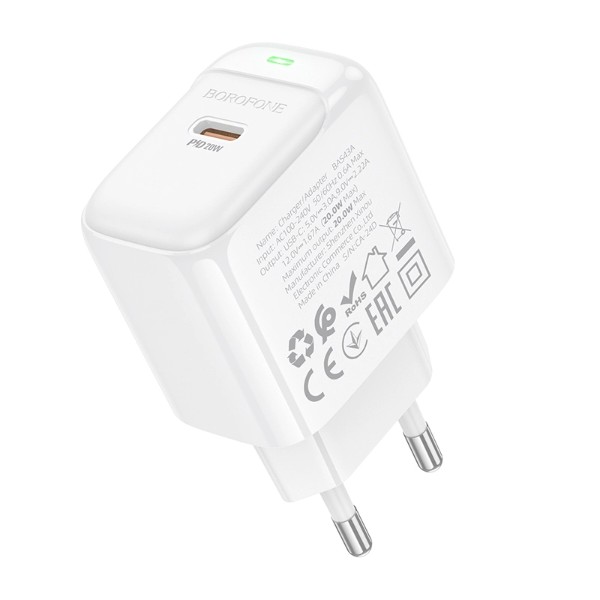 Фото - Сетевое зарядное устройство BOROFONE BAS43A Potential single-port PD20W charger(EU) White (6941991113819)