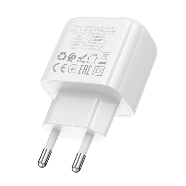 Фото - Сетевое зарядное устройство BOROFONE BAS43A Potential single-port PD20W charger(EU) White (6941991113819)