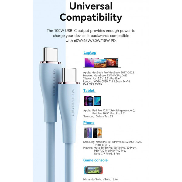 Фото - Кабель синхронізації даних Vention USB 2.0 Type-C M-M, 2.0 м 100W (20V/5A) (TAWSH)