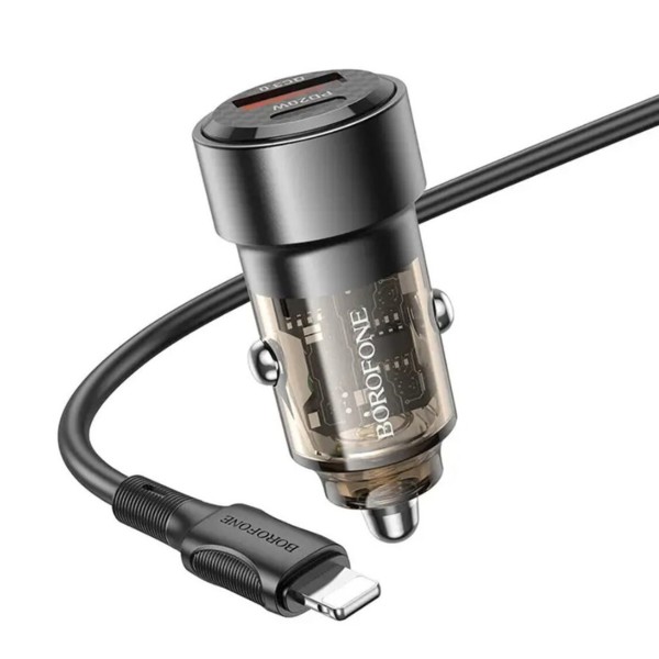 Фото - Автомобільний зарядний пристрій BOROFONE BZ20 Smart 38W dual port PD20W+QC3.0 car charger Transparent Black (6941991101564)