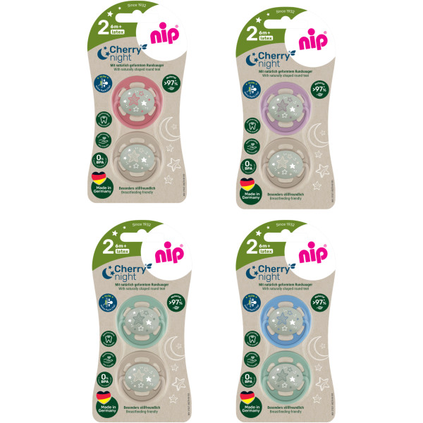 Фото - Кругла пустушка NIP Вишенька Ніч розмір 2 Зелений мікс латекс від 6 міс. 2 шт. (91035)