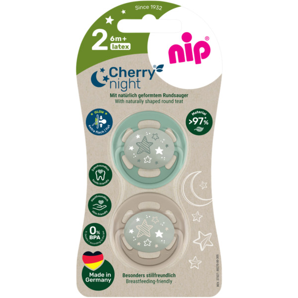 Фото - Кругла пустушка NIP Вишенька Ніч розмір 2 Зелений мікс латекс від 6 міс. 2 шт. (91035)