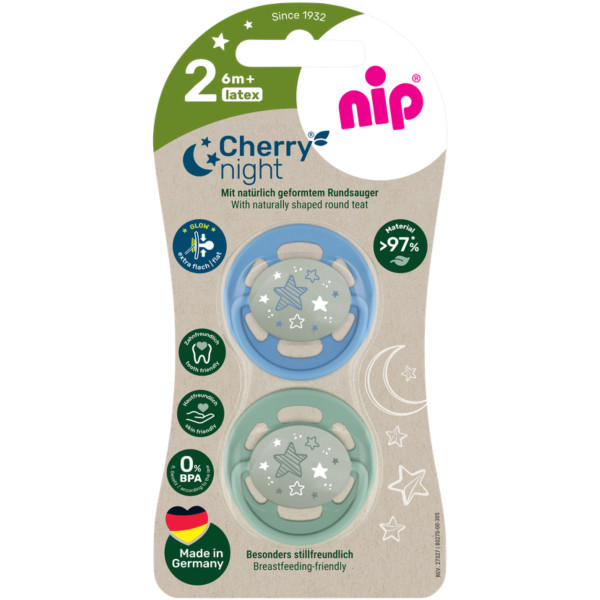 Фото - Кругла пустушка NIP Вишенька Ніч розмір 2 Зелений мікс латекс від 6 міс. 2 шт. (91035)