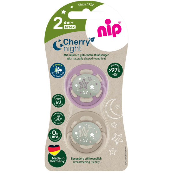 Фото - Кругла пустушка NIP Вишенька Ніч розмір 2 Зелений мікс латекс від 6 міс. 2 шт. (91035)