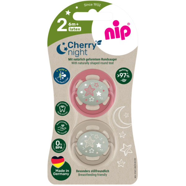 Фото - Кругла пустушка NIP Вишенька Ніч розмір 2 Зелений мікс латекс від 6 міс. 2 шт. (91035)