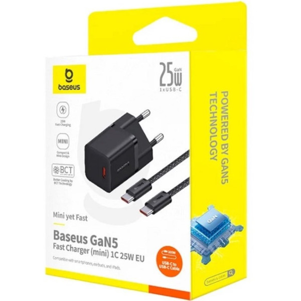 Фото - Мережевий зарядний пристрій Baseus GaN5 Fast Charger 1C 25W EU Cluster Fast Charging Data Cable Type-C Black (P10110909113-01)