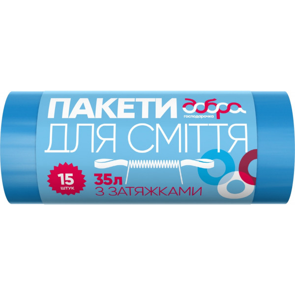 Фото - Пакет для сміття Добра господарочка з затяжками сині 35 л 15 шт. (4820086521734)