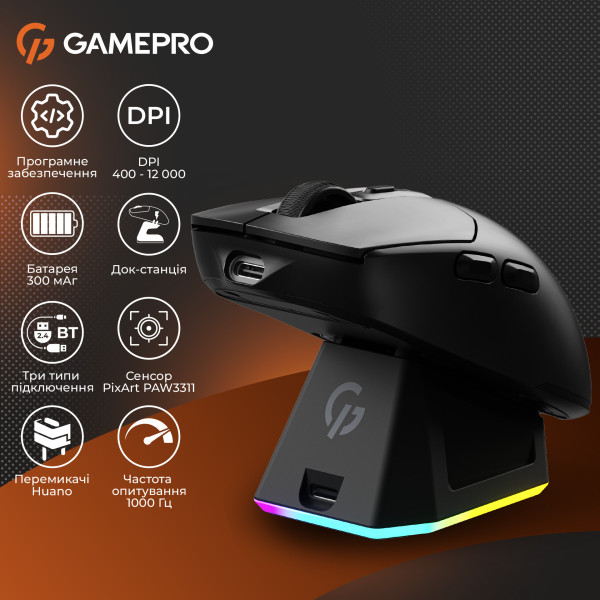 Фото - Миша бездротова ігрова GamePro Genesis Airmaster Wireless/Bluetooth/USB PixArt PAW3311 Sensor Black (GM167B)