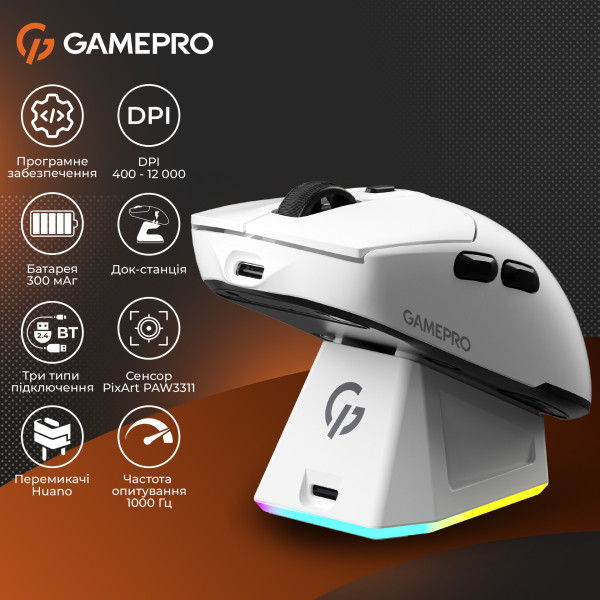 Фото - Миша бездротова ігрова GamePro Genesis Airmaster Wireless/Bluetooth/USB PixArt PAW3311 Sensor White (GM167W)