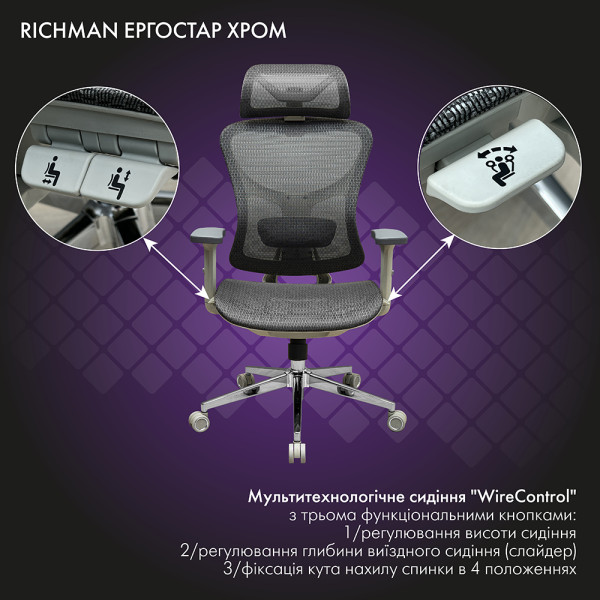Фото - Крісло для геймерів Richman Ергостар Хром Synchro Сітка Сіра