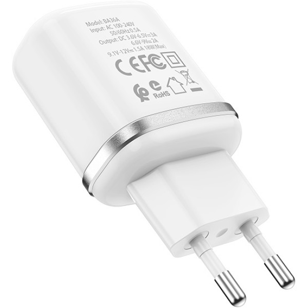 Фото - Мережевий зарядний пристрій BOROFONE BA36A High speed single port QC3.0 charger set 18W Micro White (6931474715999)