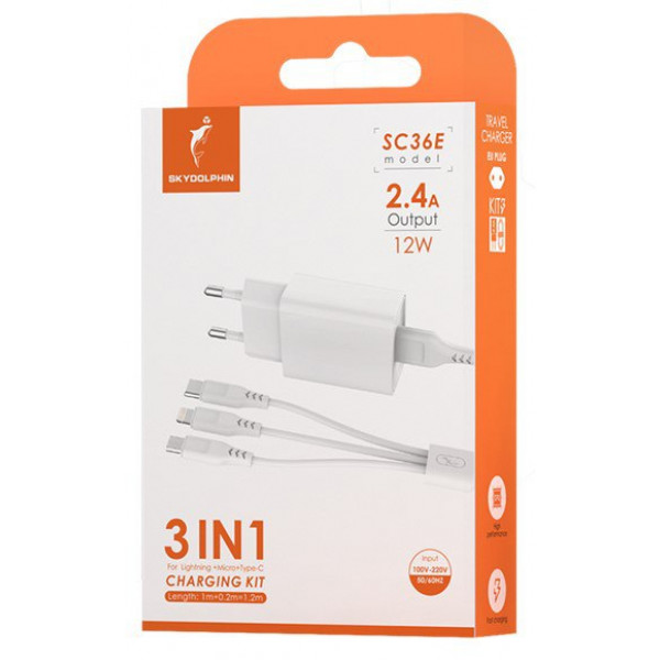 Фото - Мережевий зарядний пристрій SkyDolphin SC36E (1USBx2.4A) White (MZP-000187) + кабель Lightning/Type-C/MicroUSB
