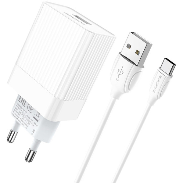 Фото - Мережевий зарядний пристрій BOROFONE BA47A QC3.0 3A + Type-C cable 18W White (6931474728319)