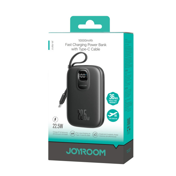 Фото - Батарея мобільна Joyroom 10000mAh 22,5W PD,QC, USB-A, USB-C In/Out with built-in USB-C cable Black (JR-PBF17)