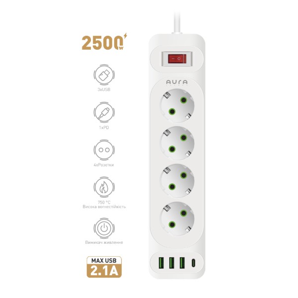 Фото - Сетевой фильтр Aura Energy 4+3 USB-A + USB-C (PD) 2M White (AUEMFP43PD2MW)
