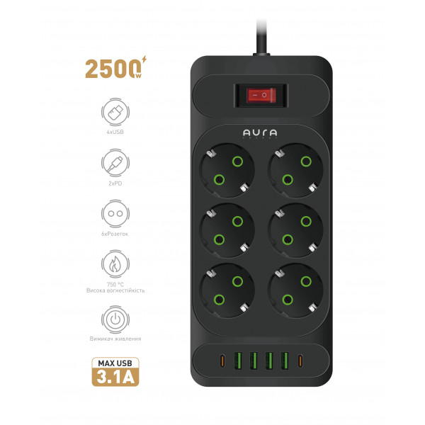Фото - Мережевий фільтр Aura Energy 6+4 USB-A + 2 USB-C (PD) 2M Black (AUEMFP64PD2MB)