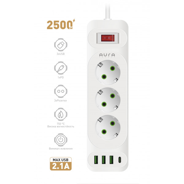 Фото - Мережевий фільтр Aura Energy 3+3 USB-A + USB-C (PD) 2M White (AUEMFP33PD2MW)