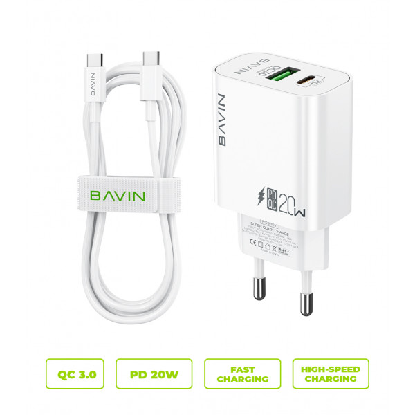 Фото - Мережевий зарядний пристрій Bavin PC939Y-CC PD 20W Type-C USB-A (QC3.0) + кабель Type-C/Type-C White (C-PC939Y-CC-W)