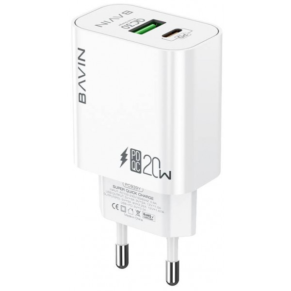 Фото - Мережевий зарядний пристрій Bavin PC939Y-CC PD 20W Type-C USB-A (QC3.0) + кабель Type-C/Type-C White (C-PC939Y-CC-W)