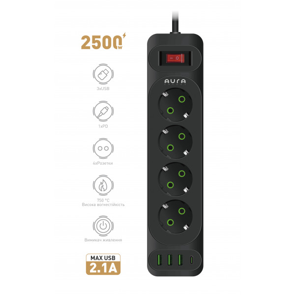 Фото - Мережевий фільтр Aura Energy 4+3 USB-A + USB-C (PD) 2M Black (AUEMFP43PD2MB)