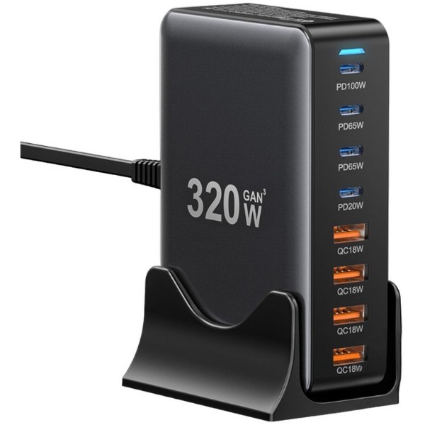 Фото - Мережевий зарядний пристрій Essager Engine 320W GaN table charge 4C+4A Black (EZC320W-QJB0G-Z)