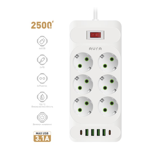 Фото - Сетевой фильтр Aura Energy 6+4 USB-A + 2 USB-C (PD) 2M White (AUEMFP64PD2MW)