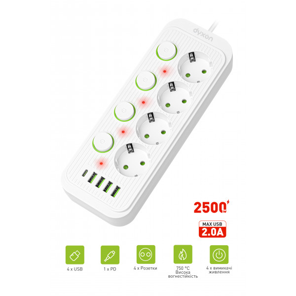 Фото - Мережевий фільтр Dyxon 4+4 USB-A+USB-C (PD)+4 Power switch 2m White (DXN-MFP-44PD2MW)