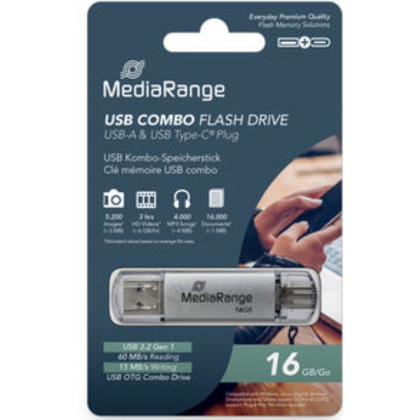 Фото - Флеш USB MediaRange USB 3.0 combo flash drive, with USB Type-C 16GB Silver (MR935)