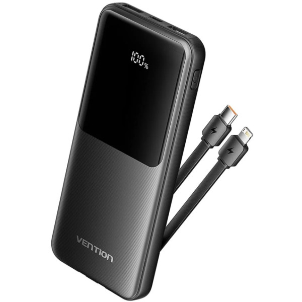 Фото - Батарея мобільна Vention 10000mAh 22.5W 3A PD Micro-USB,USB-C,2xUSB-A Built-in USB-C+Lightning Cables Black (FHOB0)