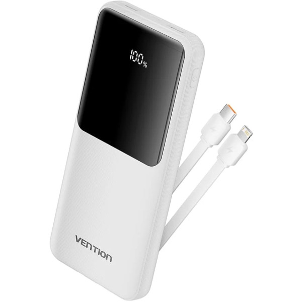 Фото - Батарея мобільна Vention 10000mAh 22.5W 3A PD Micro-USB,USB-C,2xUSB-A Built-in USB-C+Lightning Cables White (FHOW0)