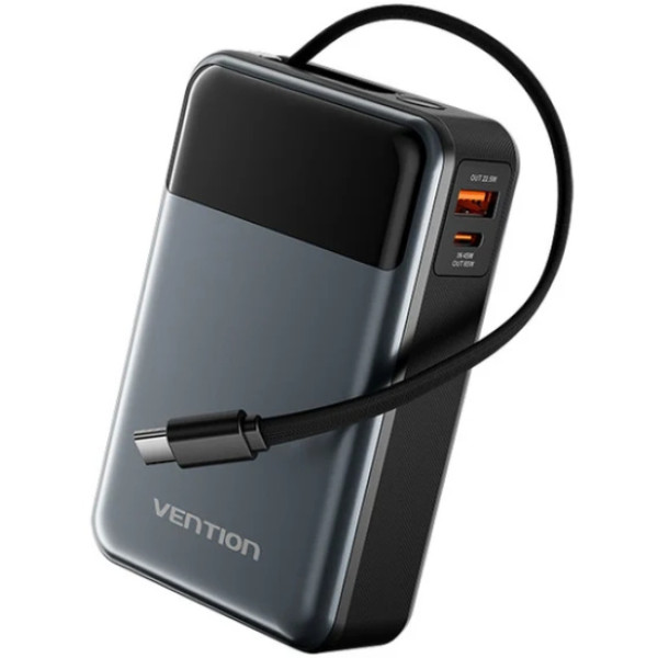 Фото - Батарея мобільна Vention 20000mAh 65W 3A PD QC3.0,USB-A 2хType-C OUT with Built-in USB-C Cable LED Display Black (FHYB0)