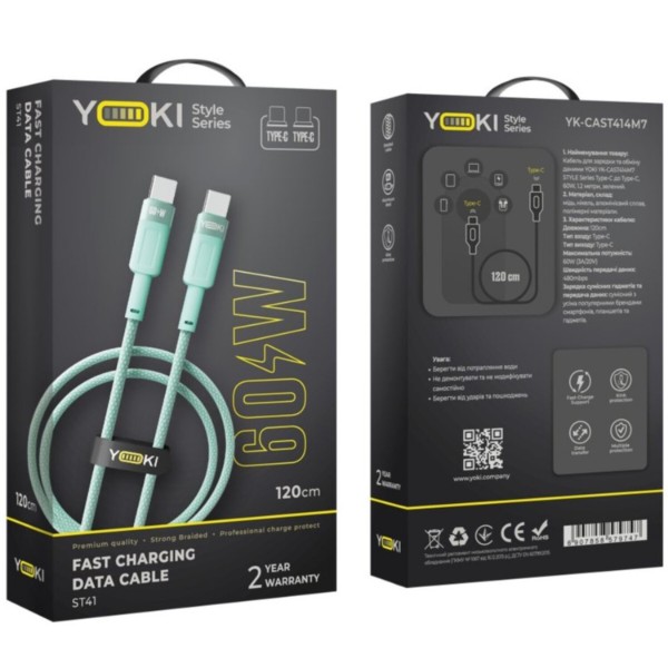 Фото - Кабель YOKI STYLE Type-C to Type-C 60W 1.2m Green (YK-ST41)