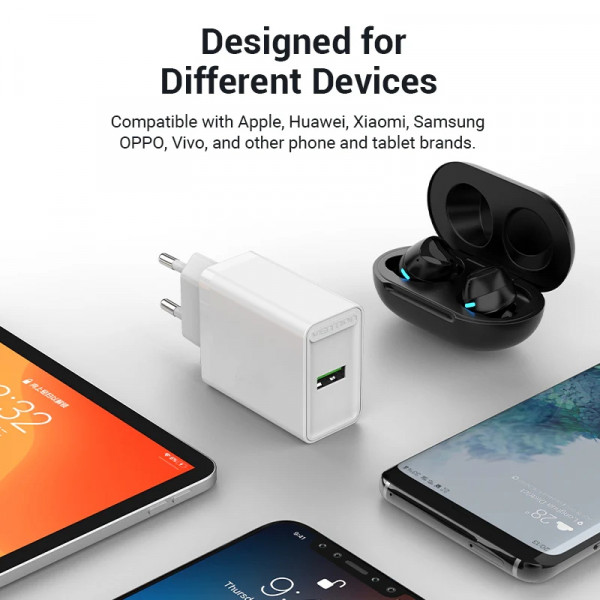 Фото - Мережевий зарядний пристрій Vention 1xUSB 18W (USB-A) QC3.0 White (FABW0-EU)