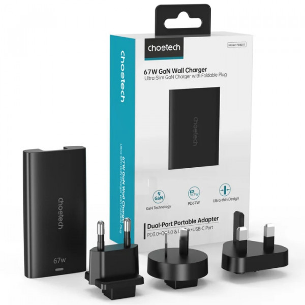 Фото - Мережевий зарядний пристрій Choetech 2xUSB 65W GaN USB-C+USB-A (PD6011-EU-BK)
