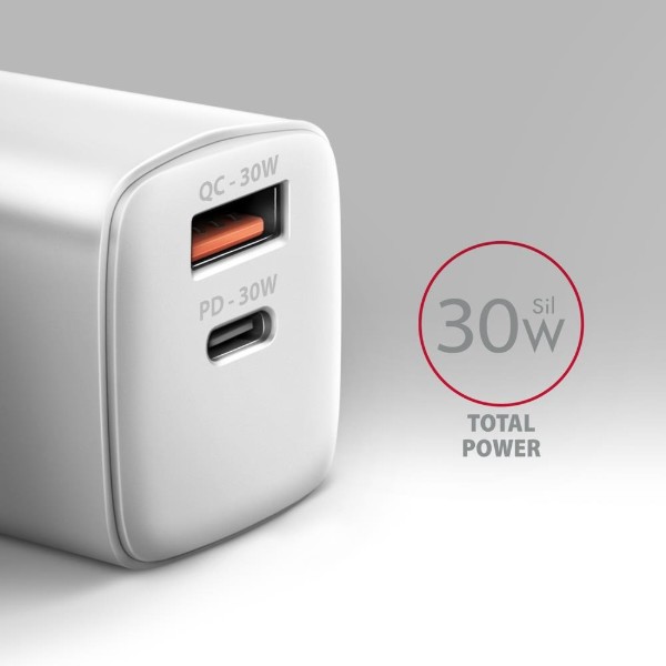 Фото - Сетевое зарядное устройство AXAGON QC3.0,4.0/AFC/FCP/PPS/Apple + PD type-C, 30W White (ACU-PQ30W)