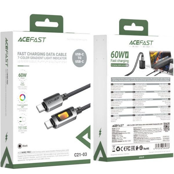 Фото - Кабель AceFast USB 2.0 Type-C M-M, 1.2 м 60W C21-03 Black (6974316284666)