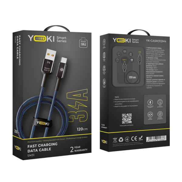 Фото - Кабель синхронізації даних YOKI SMART Type-C 3A 1.2m Black-Blue (YK-SM31)