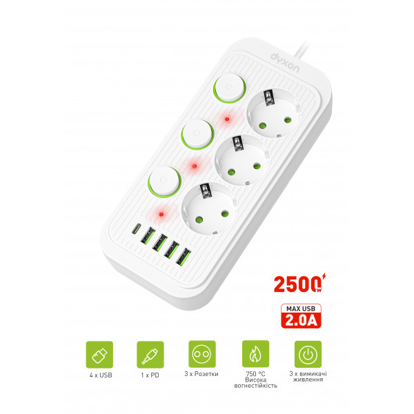 Фото - Мережевий фільтр Dyxon 3+4 USB-A+USB-C (PD)+3 Power switch 2m White (DXN-MFP-34PD2MW)