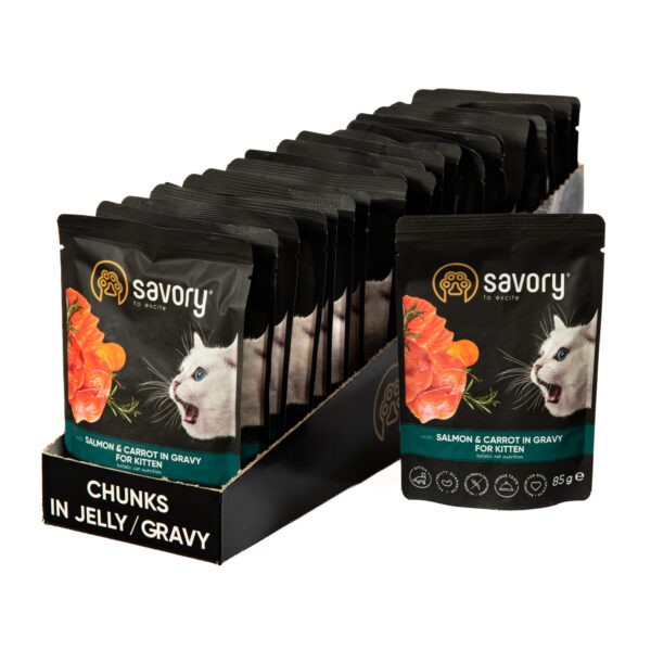Фото - Набор влажного корма для кошек Savory Cat Pouch for Kitten with Salmon and Carrot in Gravy 85 г, 18+4 шт. (2700000029312)