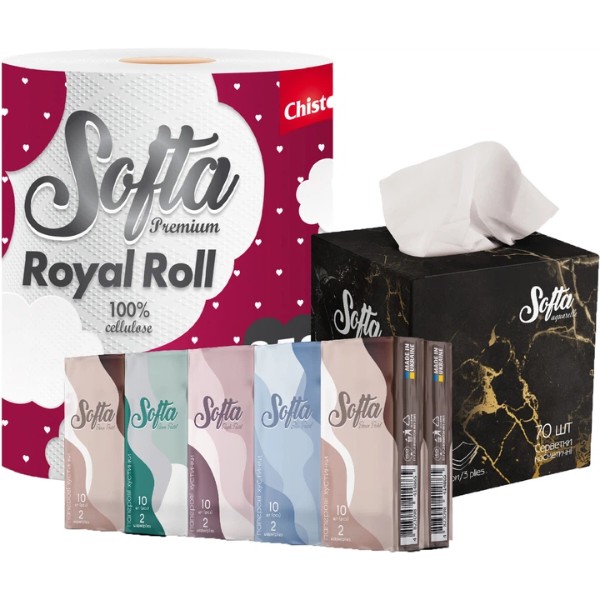 Фото - Серветки косметичні Softa МІКС Серветки Black+ рушник Royal Roll+Хустинки паперові по 1 шт/ком (2000998940164)