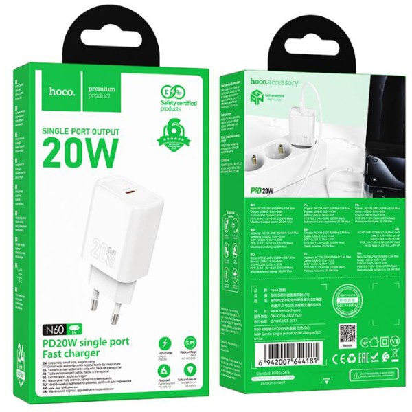 Фото - Мережевий зарядний пристрій HOCO N60 Gentle single port PD20W charger (EU) White (6942007644181)