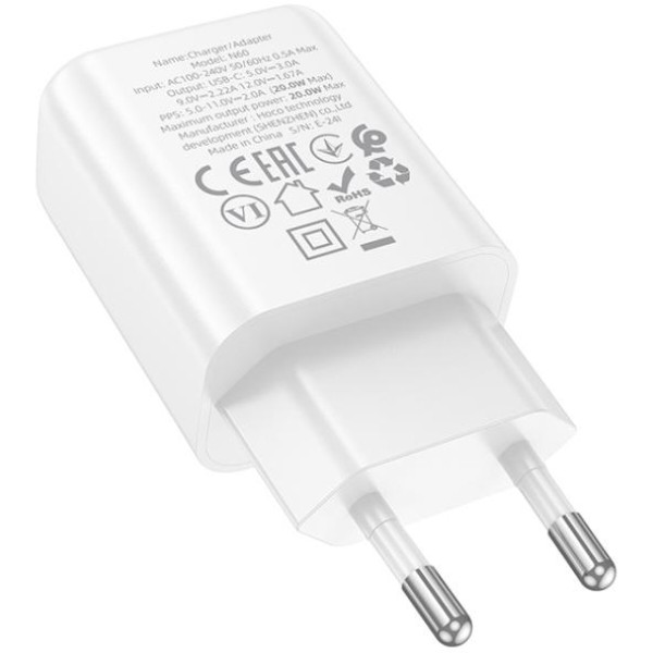 Фото - Мережевий зарядний пристрій HOCO N60 Gentle single port PD20W charger (EU) White (6942007644181)