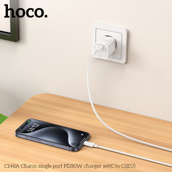 Фото - Мережевий зарядний пристрій HOCO C148A PD30W charger set (C to C) (EU) White (6942007630320)