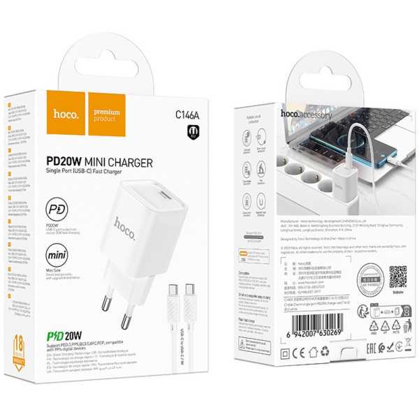 Фото - Мережевий зарядний пристрій HOCO C146A PD20W charger set (C to C) (EU) White (6942007630269)